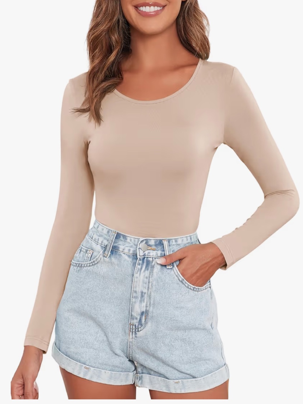 Bodysuit | Classic Long-Sleeve Scoop Neck | Beige | XL